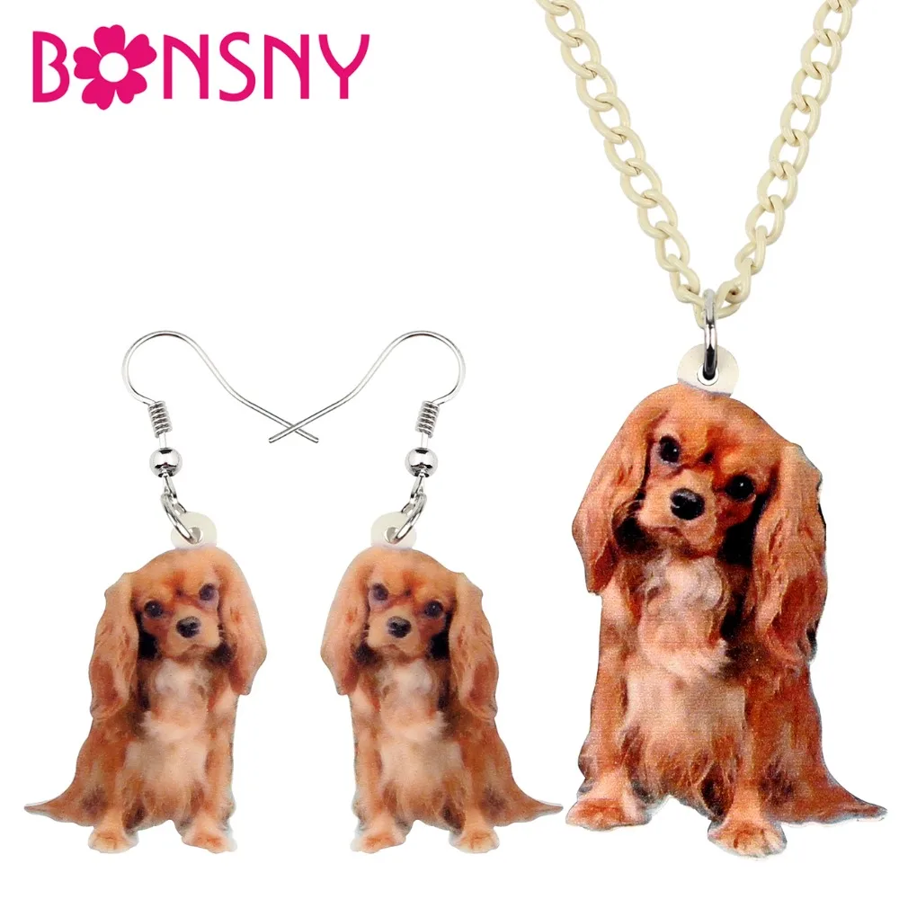 Bonsny Acrylic Jewelry Sets Cavalier King Charles Spaniel Dog Necklace Earrings Choker Pendant For Women Girls Gift Decoration