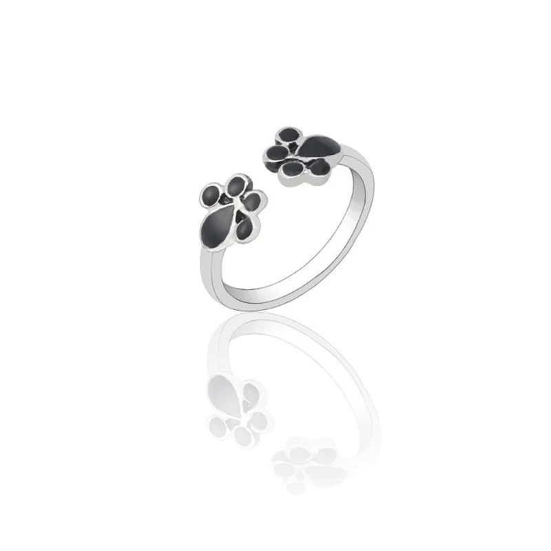 Fashion Simple Ladies Titanium Steel Ring Retro Cute Dog Cat Paw Footprints Ring Female Animal Adjustable Jewelry Christmas Gift