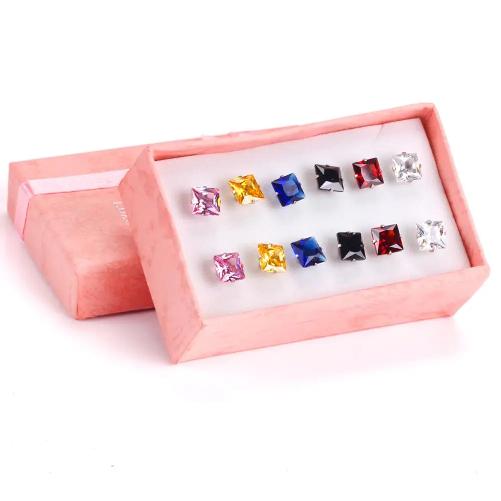 LUXUSTEEL Size 3mm/5mm/7mm Colorful Square Crystal Stud Earrings Stainless Steel 6Pairs/Boxes Earring Sets Bijoux Female