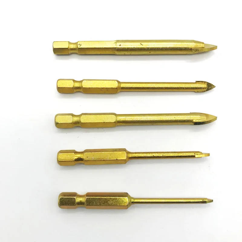 Titanium Coated Hex Glass Tile Drill Bit Set for Wall Carbide Mable Tile Ceramics Glass Granite Spear Point Cross Head