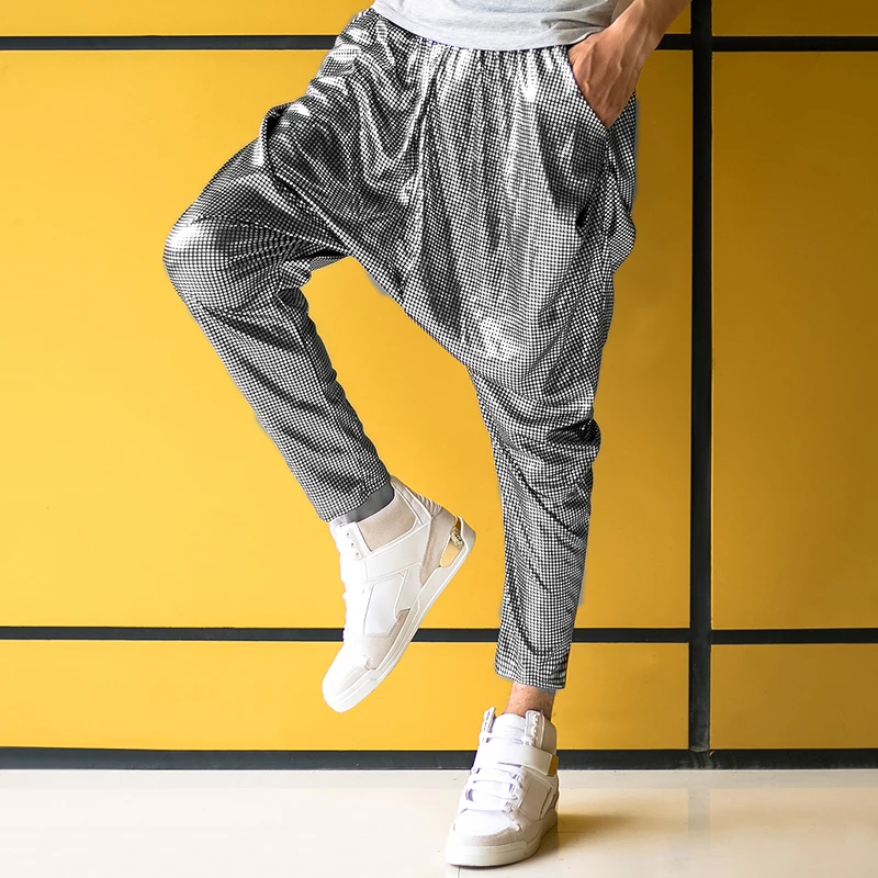 Pantalones de entrepierna grande plateados para hombre y mujer, trajes de actuación en escenario, pantalones harem, pantalones ajustados de hip hop