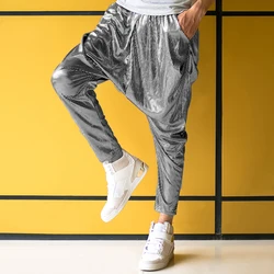 Male Female personality silver big crotch trousers stage performance costumes harem pants mens hip hop skinny pants