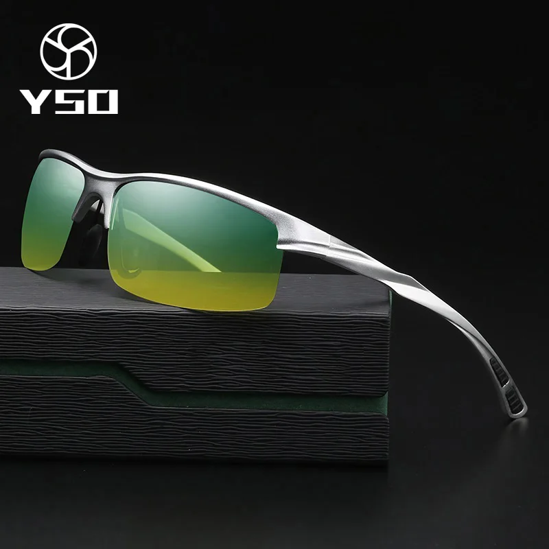 

YSO Sunglasses Men Polarized UV400 Aluminium Magnesium Frame HD Night Vision Driving Glasses Semi Rimless Accessory For Men 8213