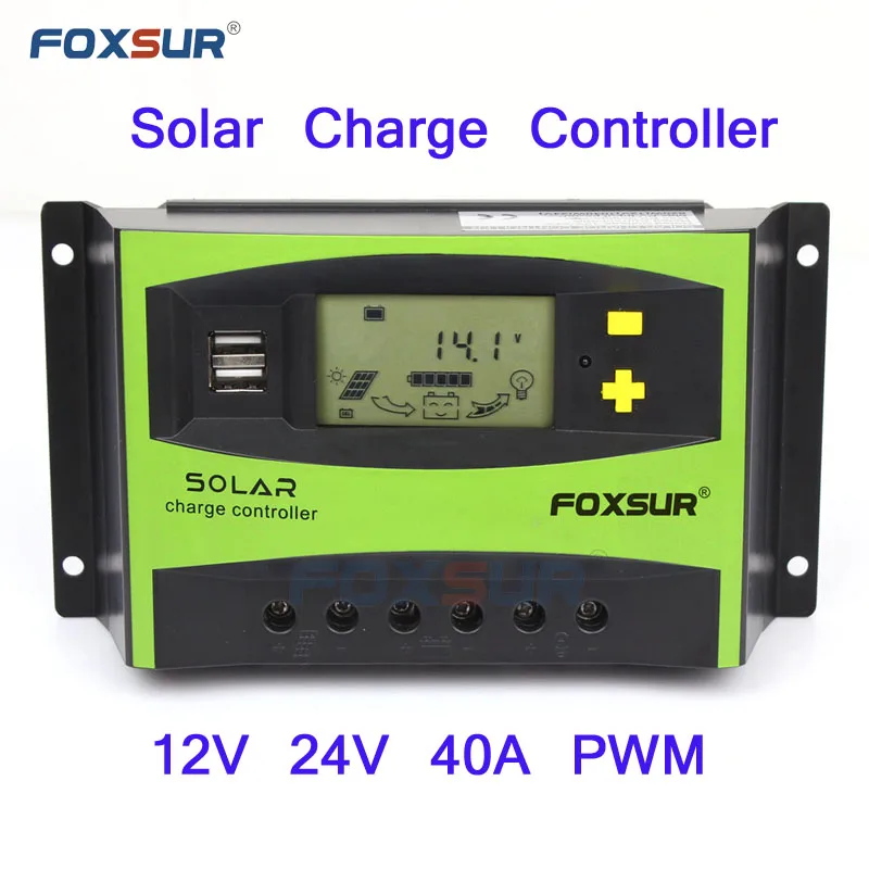 FOXSUR LCD Solar Charge Controller 40A PWM 12V 24V Auto Solar Panel Charging Discharge Regulator with 5V USB