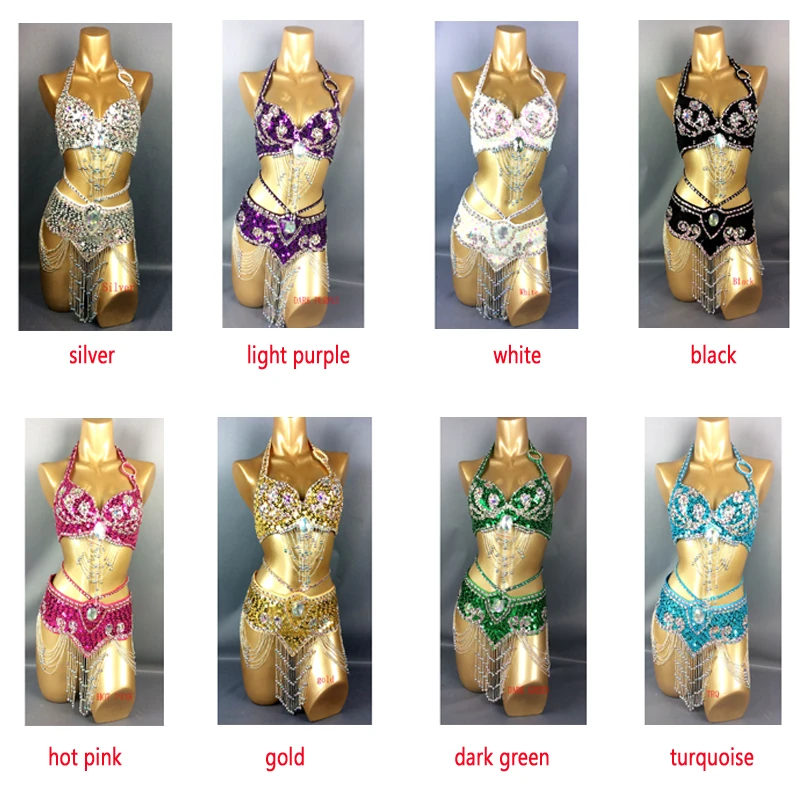 High Quality Women Belly Dance Suit Bra+Belt 2 Pieces Handmade Sequins Beaded Sexy Eastern Oriental Dance Set Dancing Wear