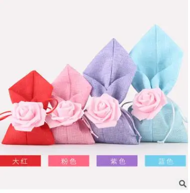 4 Colors  Imitation hemp fabric,Non-woven candy bag with foam flower for chocolates wedding party return gifts