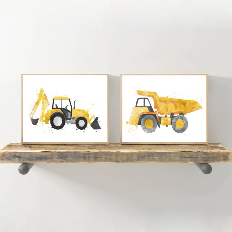 

Watercolor Excavator Art Painting Pictures Kids Boy Room Wall Decor , Construction Dump Truck Art Prints Baby Boys Room Posters
