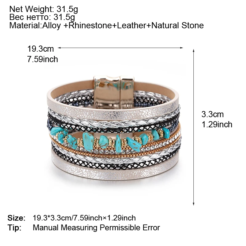 ALLYES bransoletki ze skóry z kamienia naturalnego dla kobiet mężczyzn luksusowa marka Femme styl Boho szeroka wielowarstwowa bransoletka Wrap biżuteria damska — zdjęcie 7