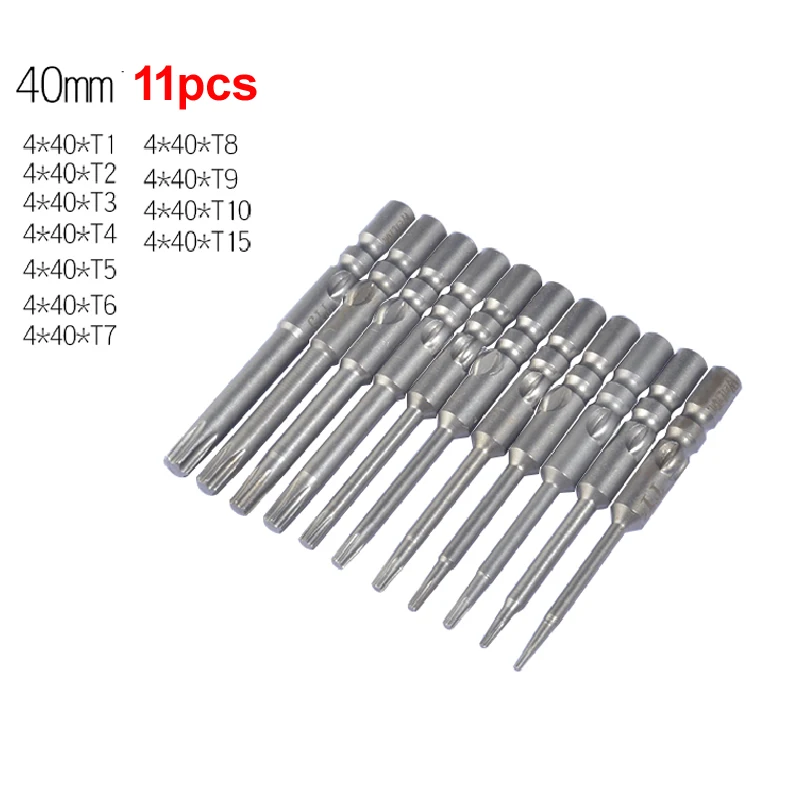 11szt. 40mm długość 800 Elektryczny 4mm okrągły chwyt Magnetyczne końcówki wkrętakowe Torx Zestaw narzędzi T1 T2 T3 T4 T5 T6 T7 T8 T9 T10 T15