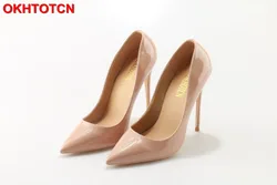 Marka buty damskie szpilki pompy czerwone czółenka 12 CM damskie buty więc Kate buty ślubne pompy czarny Nude buty dla panny młodej OKHOTCN