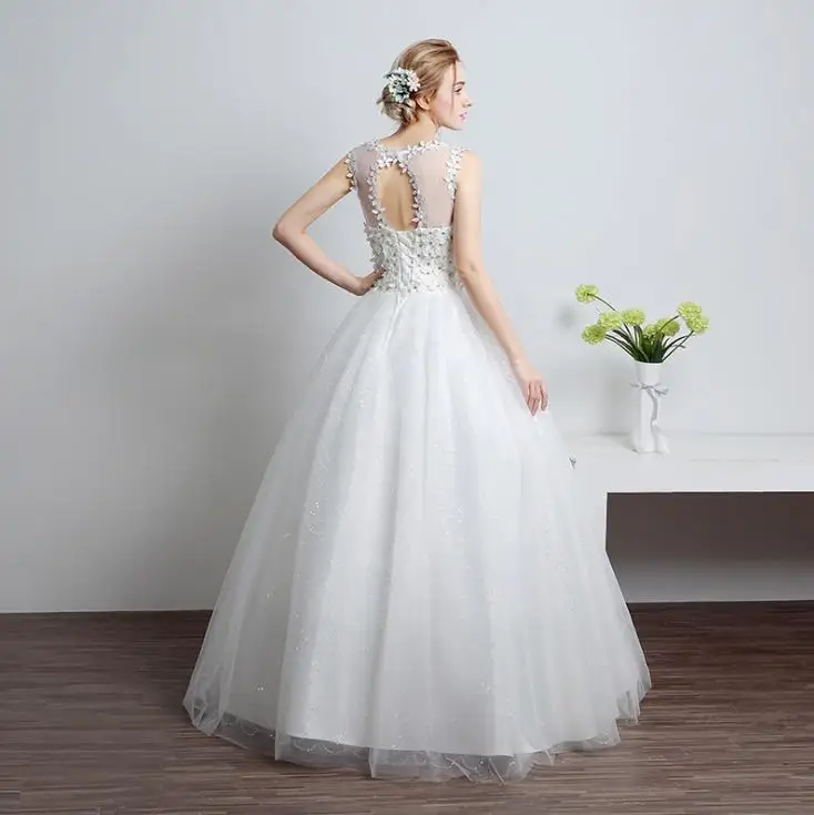 VENSANAC 2018 Crystal Flowers Appliques Ball Gown Lace Wedding Dresses Illusion O Neck Sequined Open Back Bridal Gowns