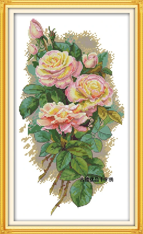 

Needlework,11/14ct Cross stitch,Sets For Full Embroidery kit,Pink Rose Bouquet Flower Print Pattern Cross-Stitch Wedding Gift