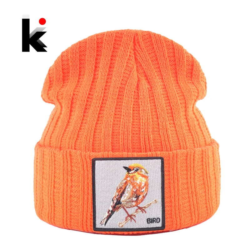 Hip Hop Skullies Beanie mężczyźni kobiety nowe mody dzianiny kapelusze z łatka ptak zima ciepły czapka narciarska chłopcy dziewczęta Streetwear Kpop Bonnet