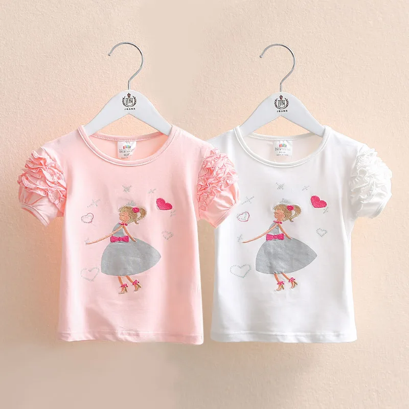 Girls Clothes 2023 Summer Cotton White Pink Solid Color Bow Heart Embroidery Princess Short Sleeve O-Neck Kids Girl T-Shirt