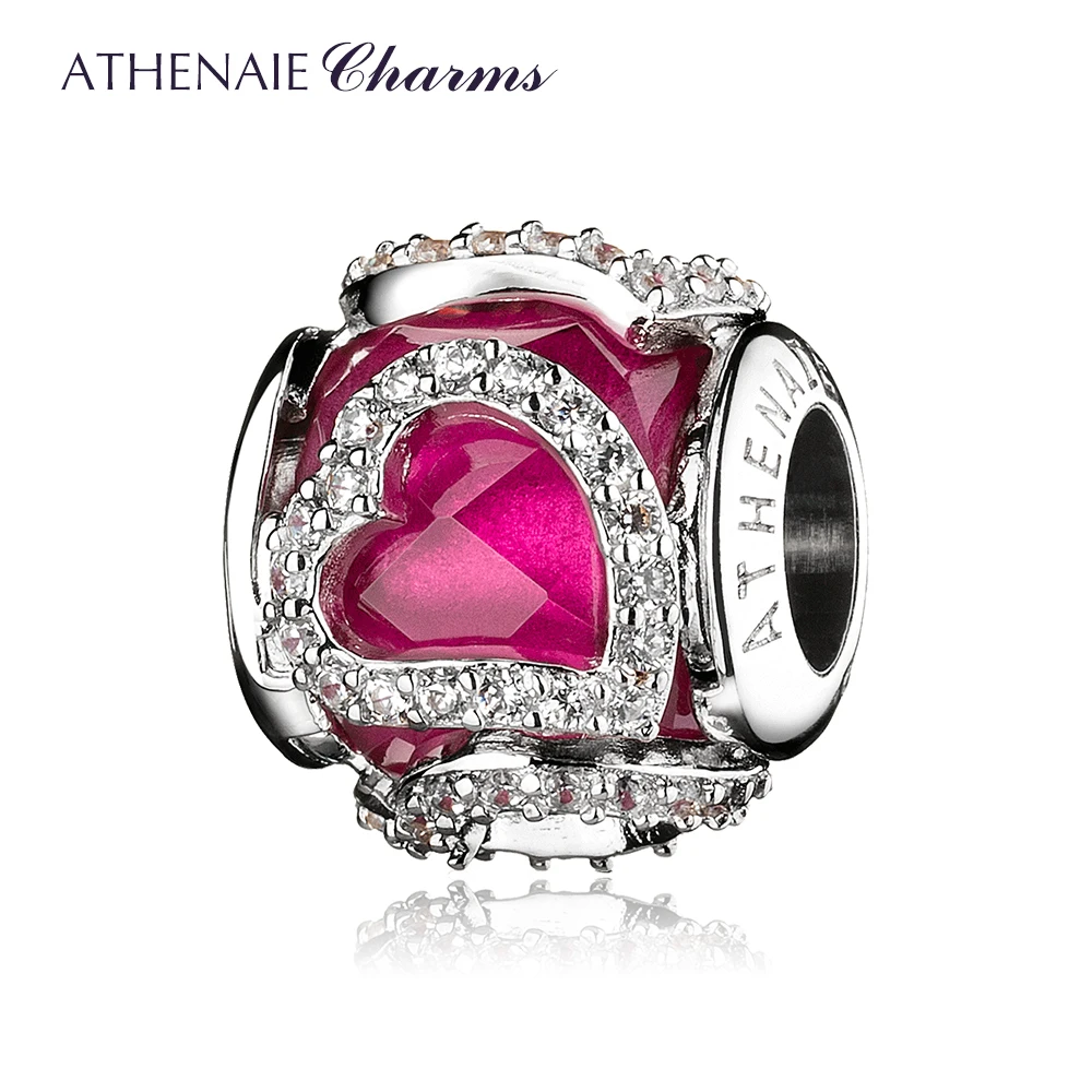 ATHENAIE 925 Sterling Silver Clear Cerise CZ Encased in Love Charm For Original Bracelets Valentine's DIY Beads Women Jewerly