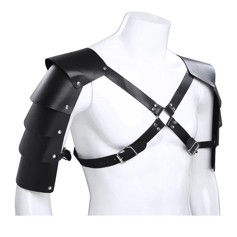 Fantasia masculina de couro falso, lingerie preta sexy de couro falsificado traje de bondage com fivela de armorização do ombro, roupa justa zentai