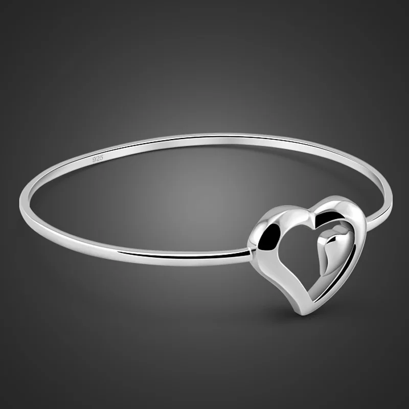 

Female 925 sterling silver bracelet bangle fashion charm heart design solid silver bracelet women best Free Shipping