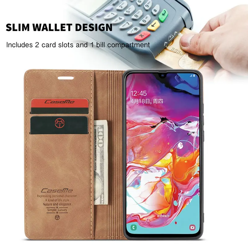 CaseMe Magnetic Phone Case For Samsung Galaxy A70 Retro Flip Wallet Leather Case For Samsung A70 Cover Luxury 360 Full Protect