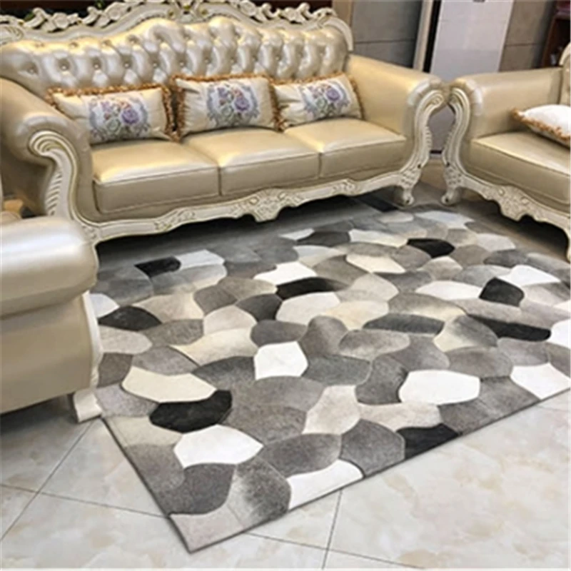 

American Luxury Light Grey Cowhide Fur Carpet, Simple Strip Light Tan Patchwork Cow Fur Rug