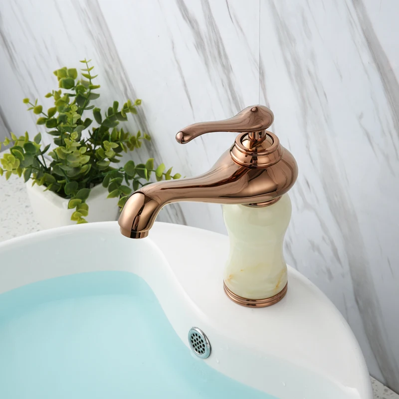 Luxury Rose Gold Brass Natural jade Bathroom Sink Faucet  Art Basin Mixer Taps Single Handle Lavatory Faucet--SM5313