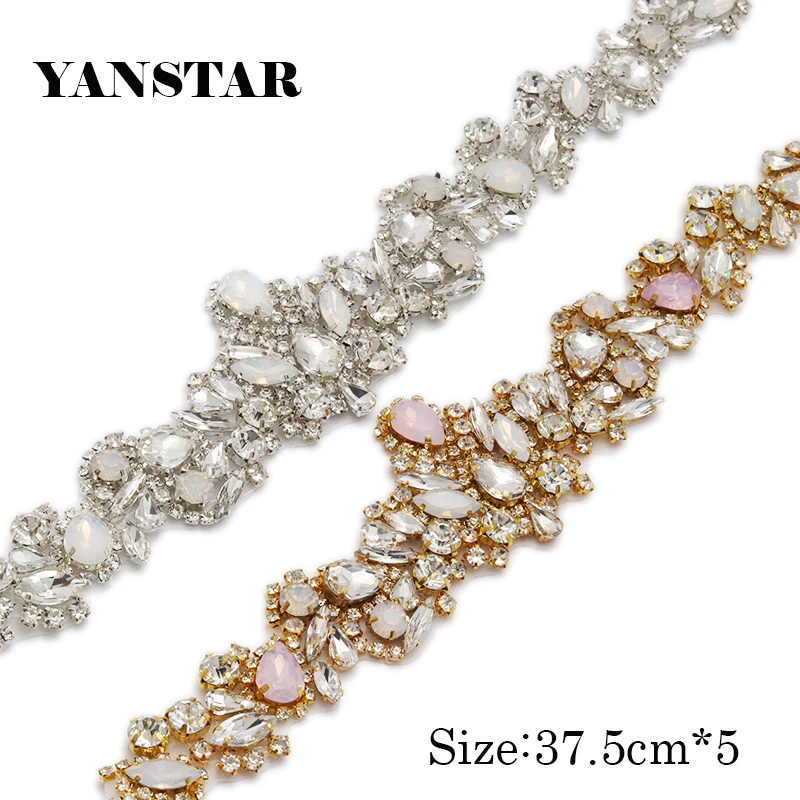 YANSTAR (10pcs)Wholesale Rose Gold Beaded Crystal Rhinestones Appliques Accesory  For Wedding Dress Belt Iron Bridal Sash YS917