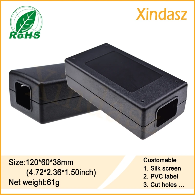 2pcs/Lot 120*60*38mm Black Plastic Outlet box electronic enclosure plastic case enclosure box abs