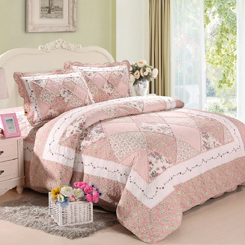 Pink Floral Patchwork Quilt Set 3PCS Bedspread on the Bed Quilted Blanket Cotton Bed Covers with Shams Queen Size Coverlet