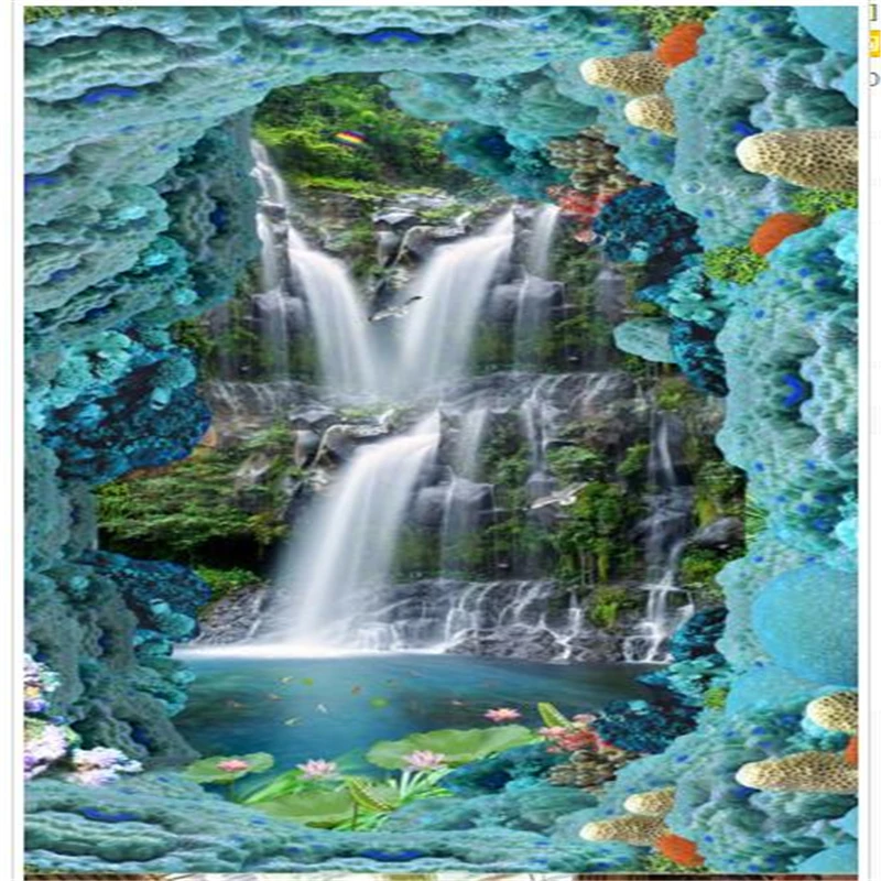 beibehang Ocean Falls Lotus Sky Sky Birds Bathroom Walkway 3D Floor