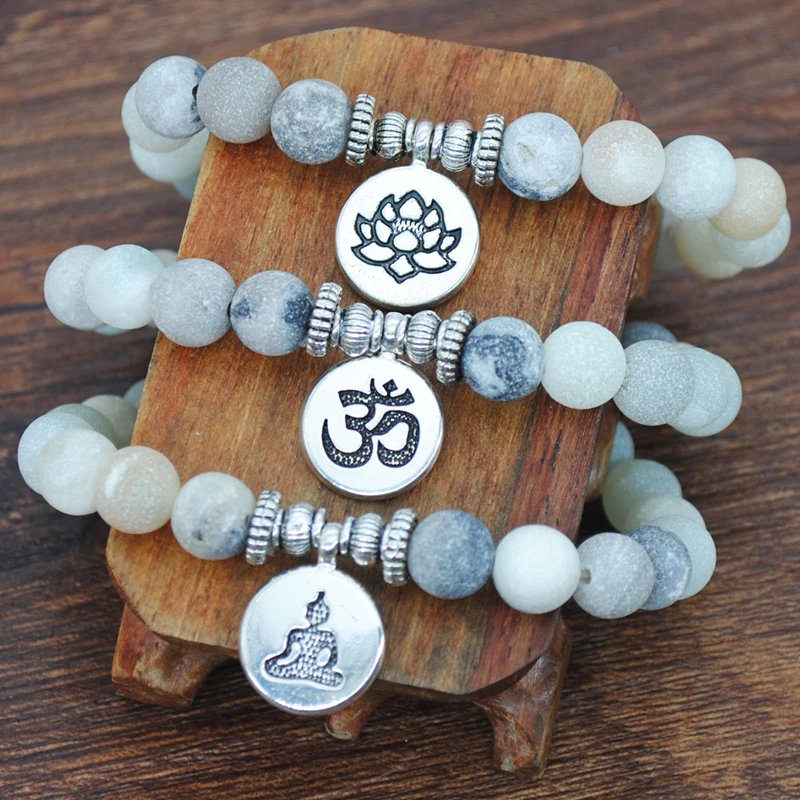 Yumfeel Natural Matte Frosted Amazonite Stone Bracelet OM Lotus Flower Buddha Charm Bracelet & Bangles Stone Jewelry