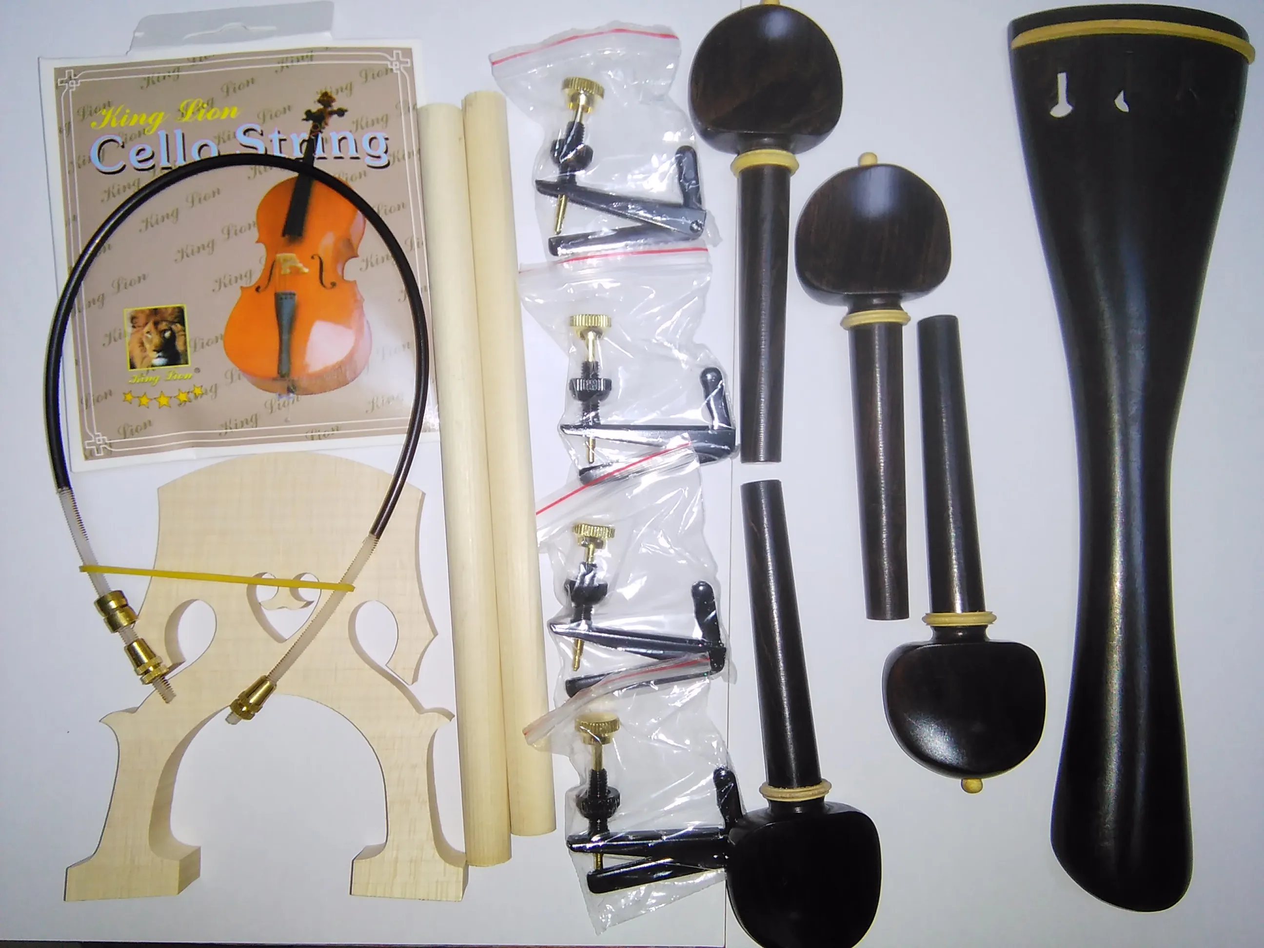 1 Set Ebony Cello Parts with String Nylon Gut & 2PCs Sound Post 4PCs Cello Tuner All 4/4