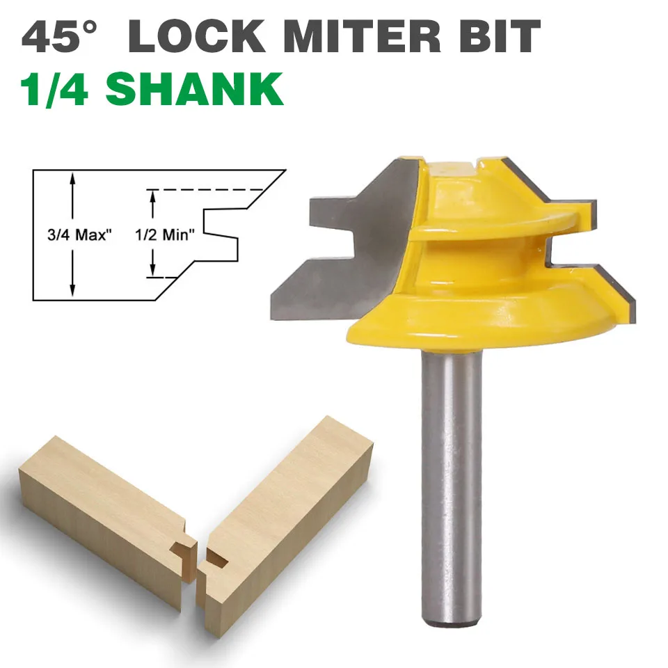 1Pc 45 Degree Lock Miter Router Bit 1/4 Shank Woodworking Tenon Milling Cutter Tool Drilling Milling For Wood Carbide Alloy