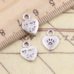 30pcs Charms Heart Love My Cat Paw 12x9mm Tibetan Bronze Silver Color Pendants Antique Jewelry Making DIY Handmade Craft