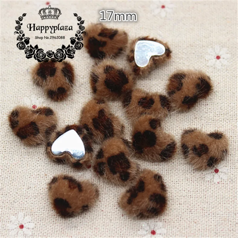 50 sztuk śliczne Leopard Hariy tkaniny pokryte serca przyciski domu ogród Flatback Cabochon rzemiosło Scrapbooking DIY, 14*17mm