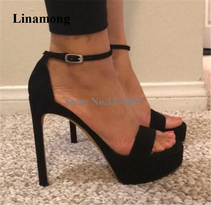 

Женские замшевые босоножки на высокой платформе, черные босоножки на высоком каблуке с открытым носком и ремешком на щиколотке, классические туфли на каблуке