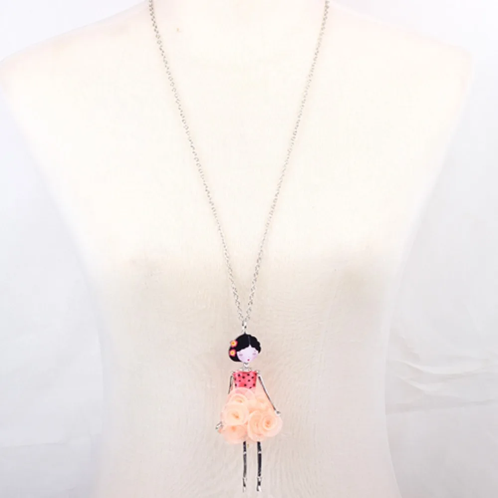 Bonsny French Paris Doll Necklace Dress Flower Long Chain Alloy Doll Pendant Fashion Jewelry For Women 2017 News Accessories