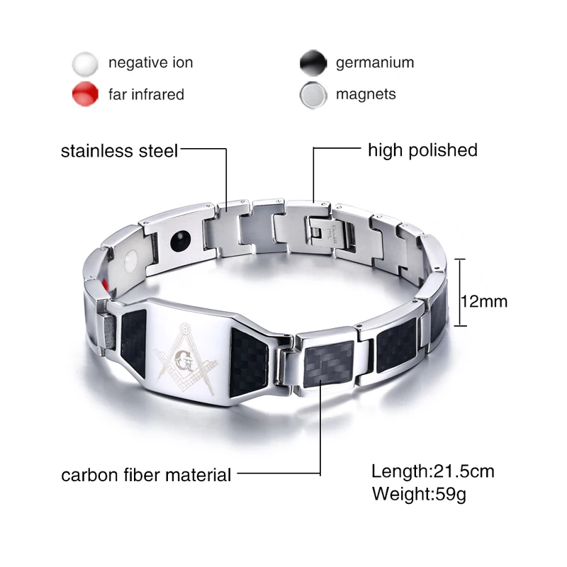 Free Custom Man Bracelet, Black Stainless Steel Mens Bracelet with Carbon Fiber Inlay Masonic Logo Fashion Jewelry