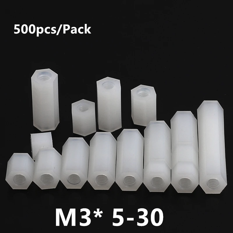 500pcs M3 Hexagon Nylon Standoff Spacer M3x5/6/8/10/12/15/18/20/22/25mm nylon flat hex spacer for PCB Board pillar