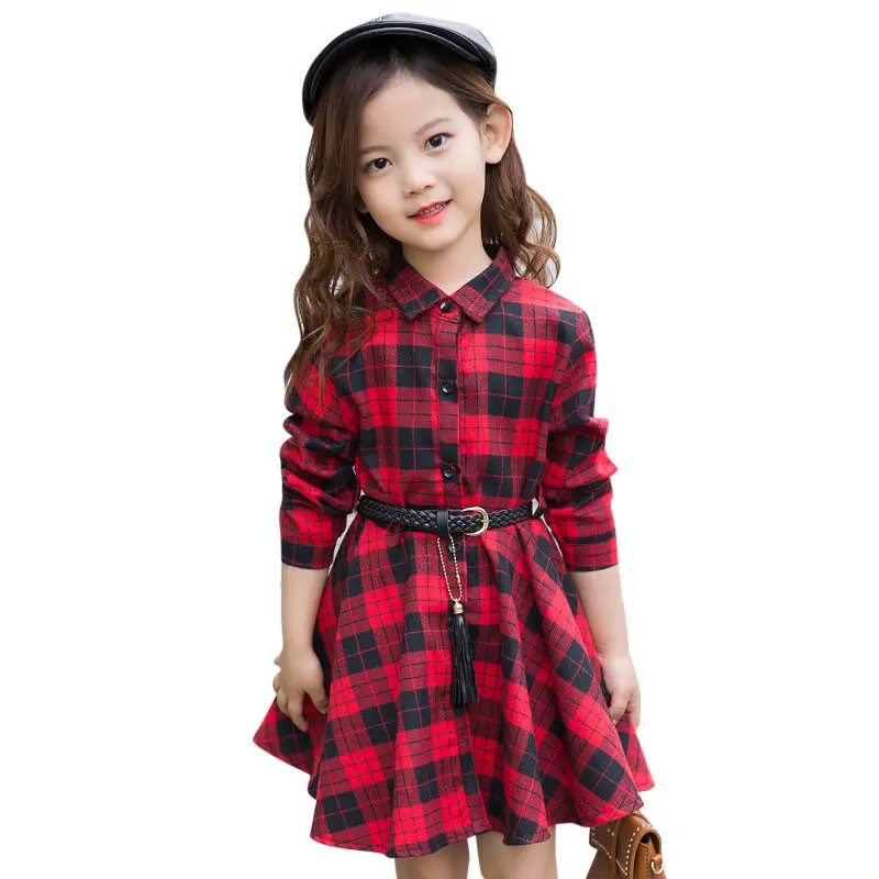 

Elegant Girls Casual Long Sleeve Plaid Shirt Dress With Belt Fashion Teenager Blouse Dresses 4 5 6 7 8 9 10 11 12 13 Years Old