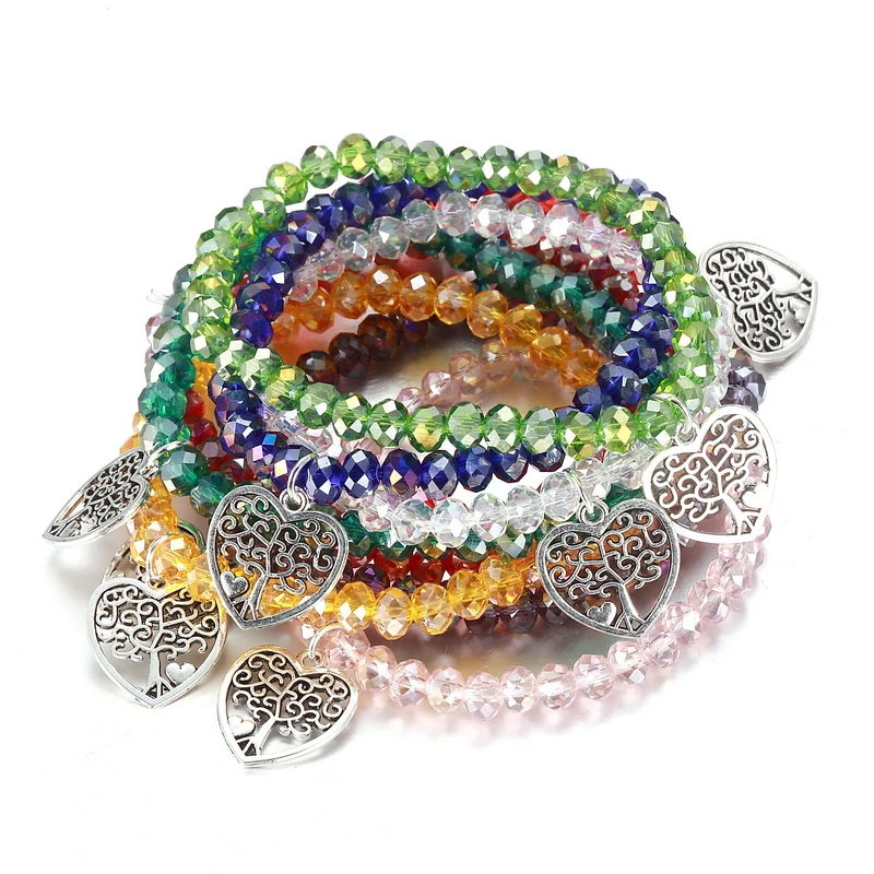Pulseras elásticas con cuentas de cristal para mujer, brazaletes elásticos con dije de corazón, árbol de la vida, regalo de joyería