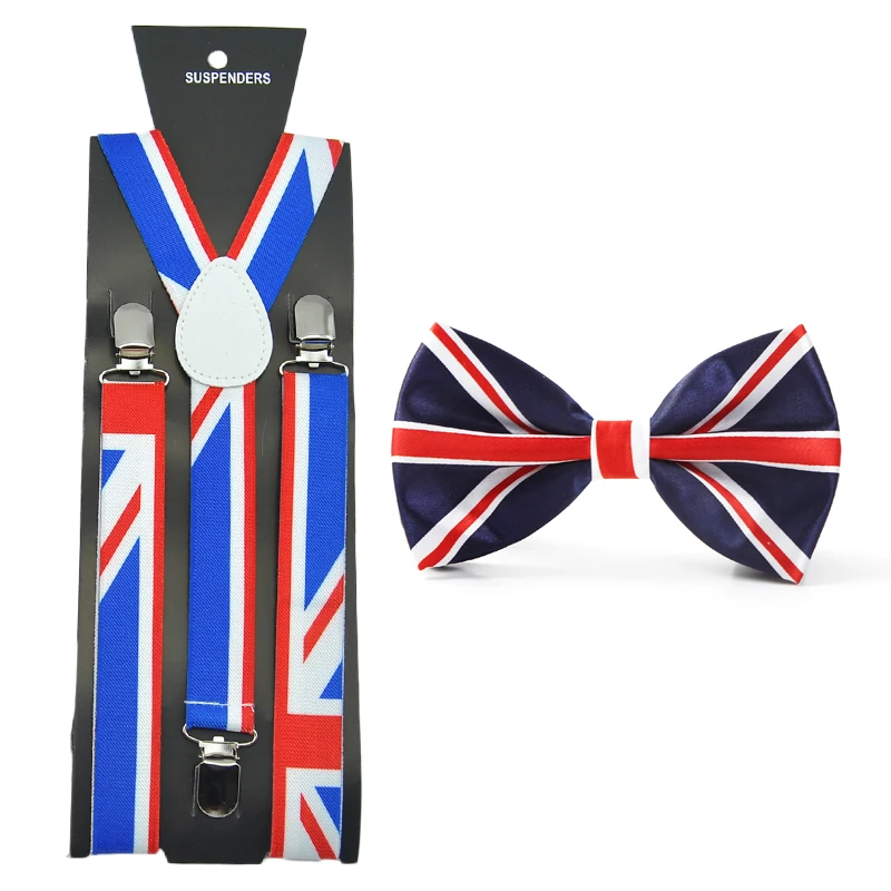 Vrouwen Mannen Jarretel Voor Broek Broek Houder Bowtie Set Y-Vorm Britse vlag Brace Gallus Kantoor Casual Bowtie Set gift Das