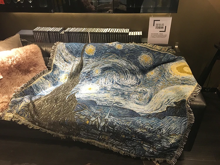 Cotton Blend Rug Van Gogh Starry Night Sofa Blanket Living Room Bedroom Soft Comping Hiking Carpet Bedspread Tablecloth