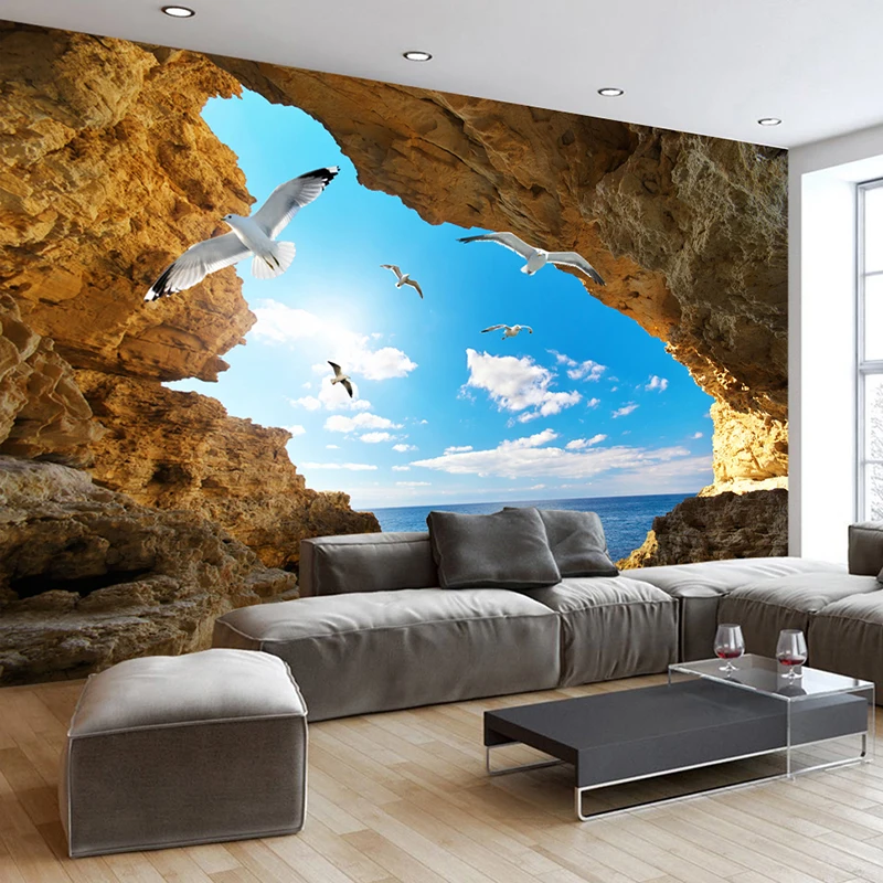 Landscape Wall Papel Pintado Photo Wallpaper Blue Sky White Clouds Seagulls Cave Painting Home Interior Decoration Wall Paper