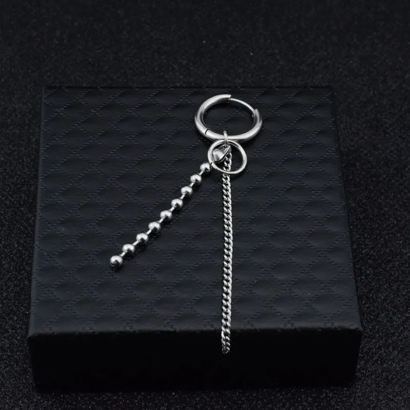 KPOP men Threader Earrings- stainless steel chain drop pendan-minimalist earring-Circle chain stud Earring-Bar chain earring men