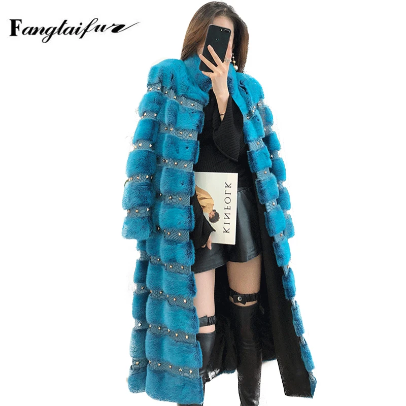 

Ftangaiur New Winter Import Velvet Mink Fur Mandarin Collar Rivet Full Sleeve Mink Coat Women X-Long Slim Real Mink Fur Coats