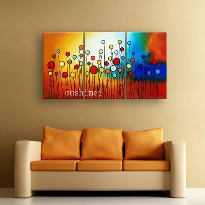 

100% Hand Painted Circle Colorful Flowers Abstract Landscape Wall Home Decor Oil Painting On Canvas 3pcs/set 3d Picture