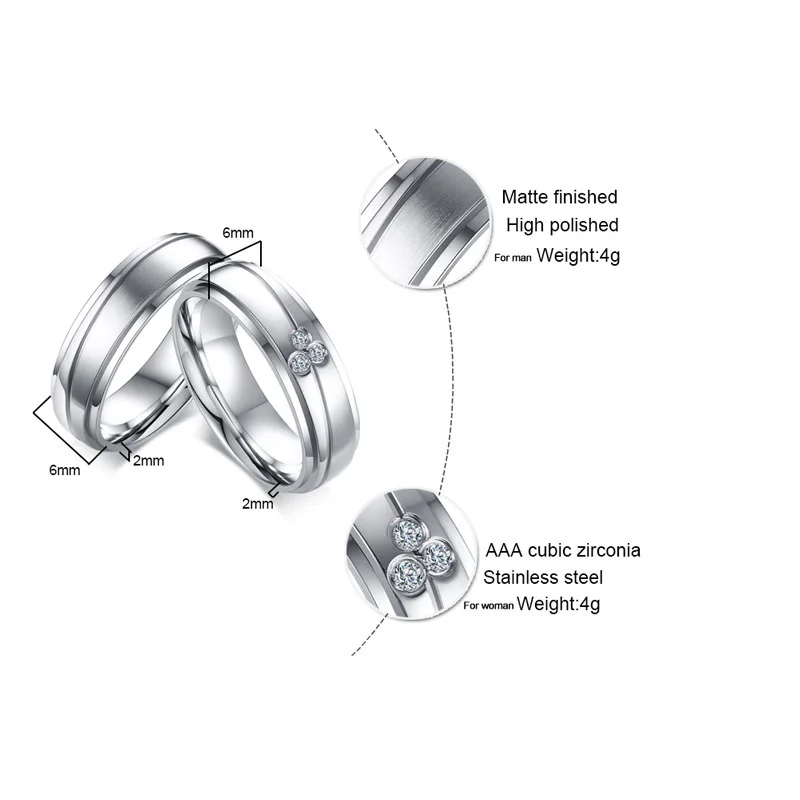 Vnox Elegant Couple Rings For Women Men Stainless Steel Wedding Bands AAA CZ Stones Trendy Anel Alliance Gift