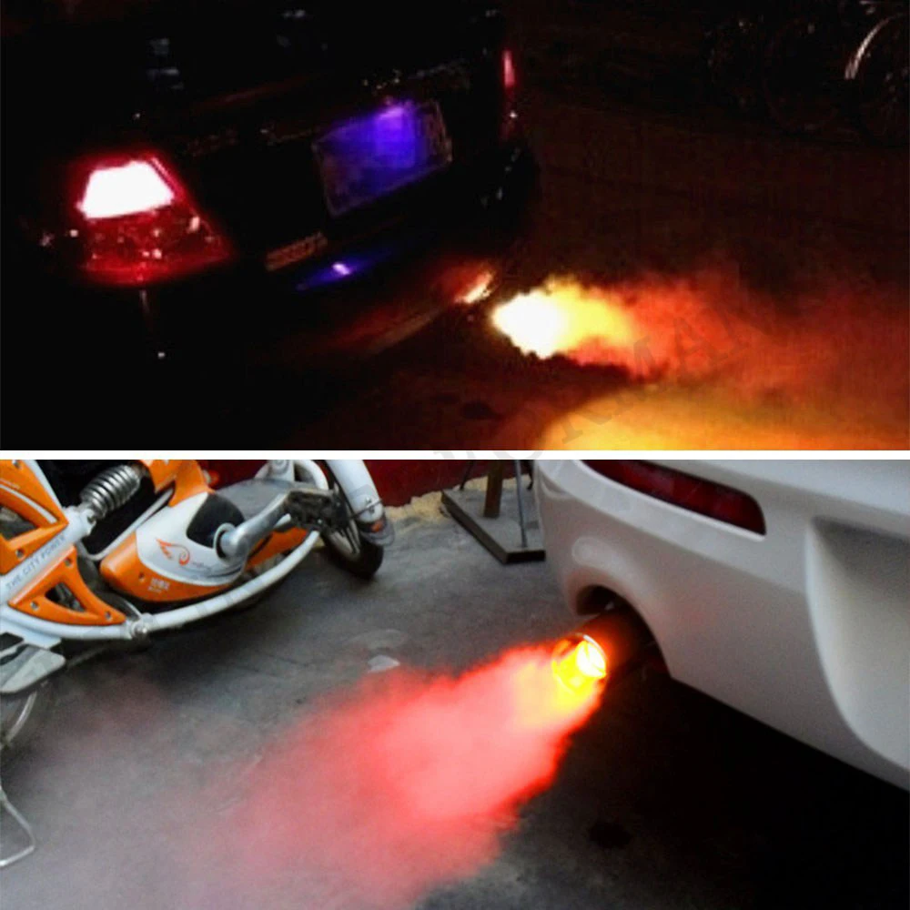 1Pc Universal 70mm Car Straight Spitfire Flaming LED Red Light Exhaust Pipe Muffler Tip