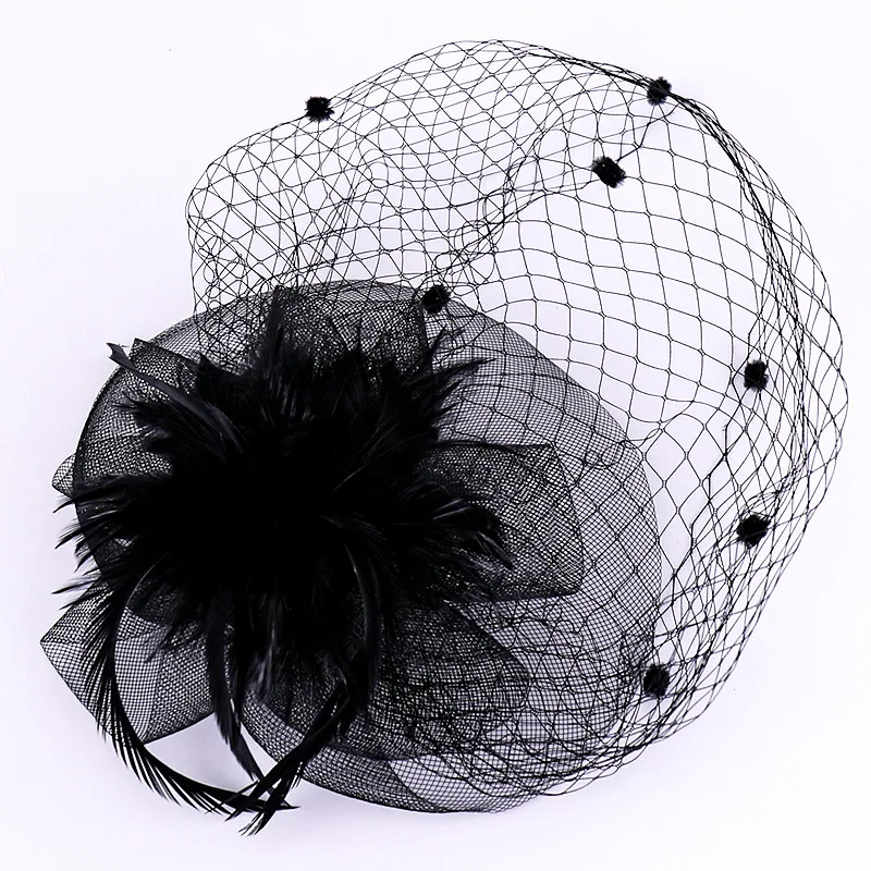 JaneVini-Chapeau de mariage pour patients Western Boda, Fascinateur pour femme, chapeau en maille détectée y avec épingle à cheveux, plumes, voile de visage pour femme, accessoires