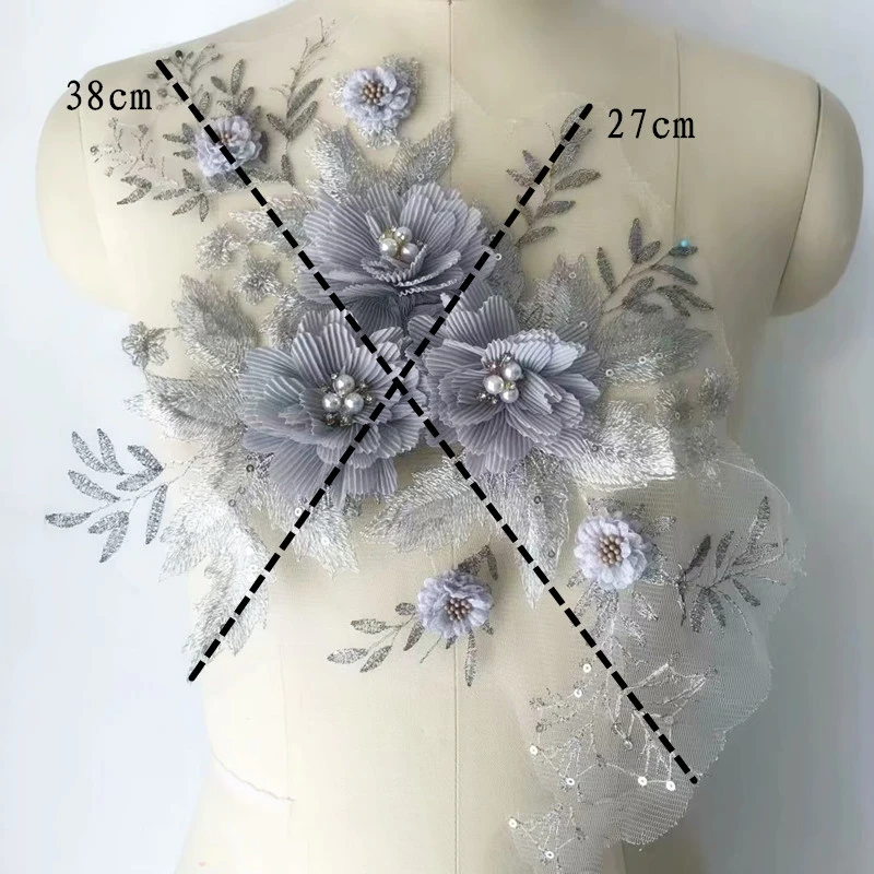 4Pcs 3D Flower Lace Appliques Beaded Pearls Patch Pink Grey Laces Fabric DIY Crafts