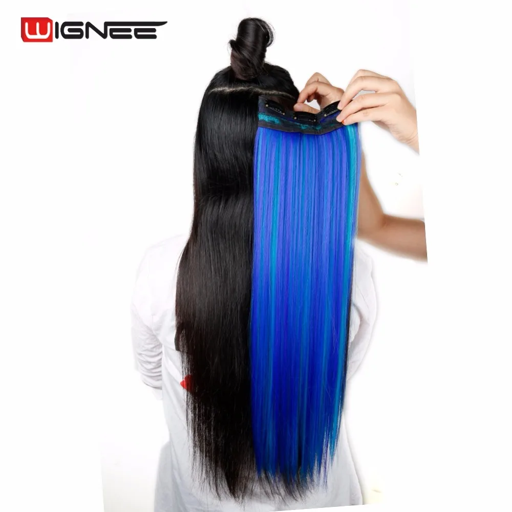 Wignee in one piece synthetic hair extension Heat Resistant Synthetic Fiber Mixed Colorful Grey/Blue For Africa American Wigs